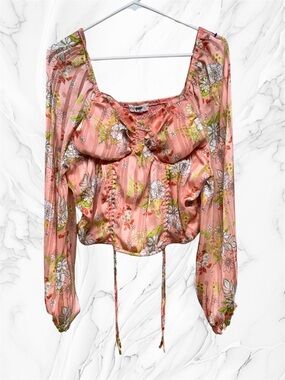 Madden NYC Floral Square-Neck Peasant Top - Peach Pink long sleeve size XL